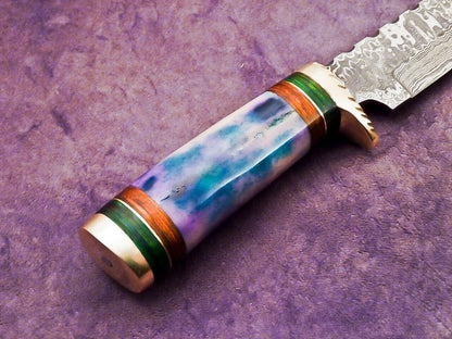 Heritage Forge 10 Inch Damascus Steel Camping Hunting Knife with Camel Bone and Hardwood Handle