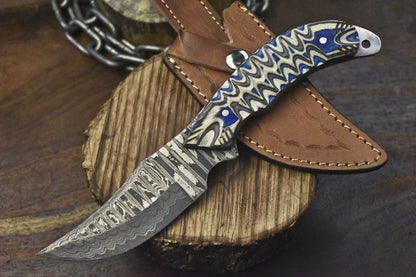 Custom Ladder Damascus Skinner Knife with Hard Wood Handle for Fishing and Veterans Gift