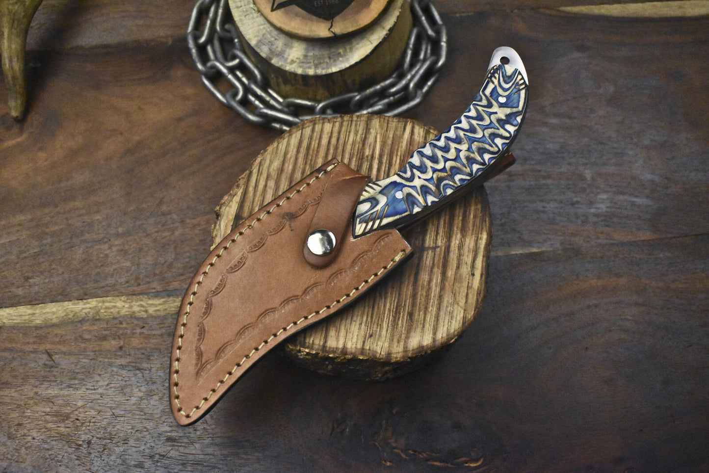 Custom Ladder Damascus Skinner Knife with Hard Wood Handle for Fishing and Veterans Gift