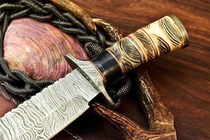 16” Damascus Bowie Knife | Engraved Camel Bone Handle & Leather Sheath