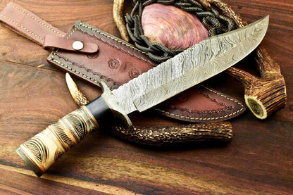 16” Damascus Bowie Knife | Engraved Camel Bone Handle & Leather Sheath