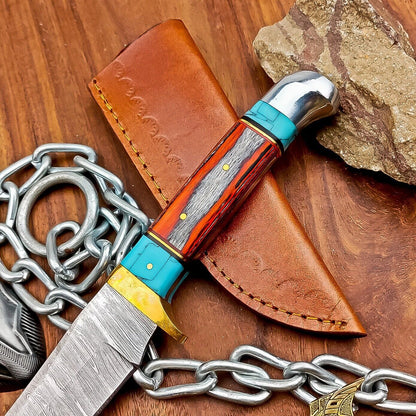 9" Custom Damascus Steel Hunting Knife with Wood Handle & Leather Sheath