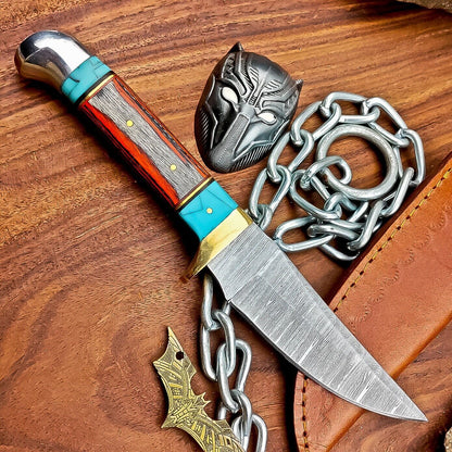 9" Custom Damascus Steel Hunting Knife with Wood Handle & Leather Sheath