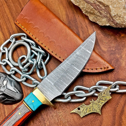 9" Custom Damascus Steel Hunting Knife with Wood Handle & Leather Sheath