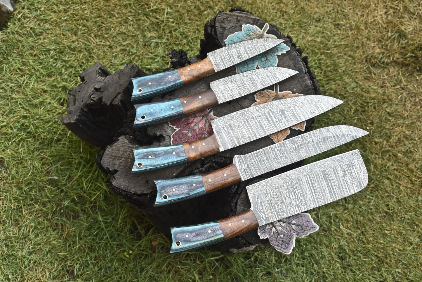 Handmade Chef Knife Set Twist Damascus Steel with Hard Wood Handles – Lot of 5 Hunting Knives
