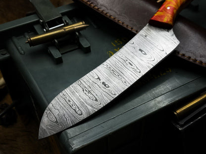 Handmade Damascus Steel Hunting & Kitchen Chef Knife | Resin Handle with Leather Sheath