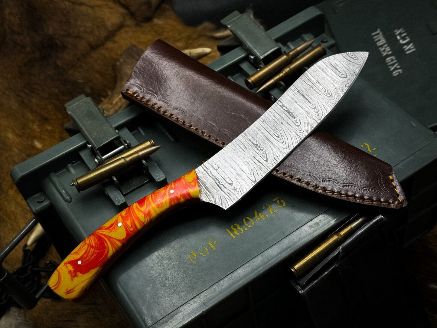 Handmade Damascus Steel Hunting & Kitchen Chef Knife | Resin Handle with Leather Sheath