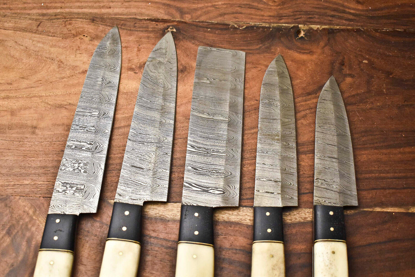 Custom Lot of 5 Handmade Hammered Damascus Steel Blade Chef Knife Set – Full Tang