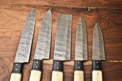 Custom Lot of 5 Handmade Hammered Damascus Steel Blade Chef Knife Set – Full Tang