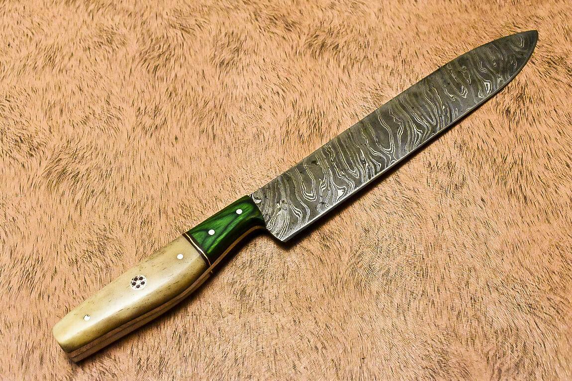 Unique Handmade Damascus Steel Hunting Chef Knife with Camel Bone Handle – 13"