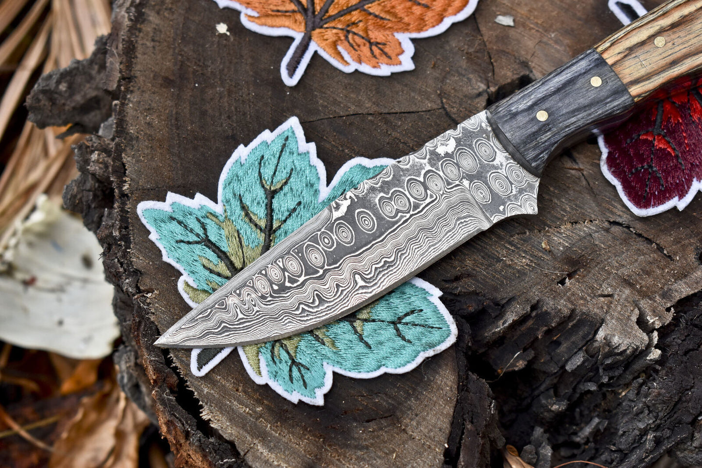 Custom Damascus Skinner Hunting Knife with Rain Drop Pattern and Hardwood Handle
