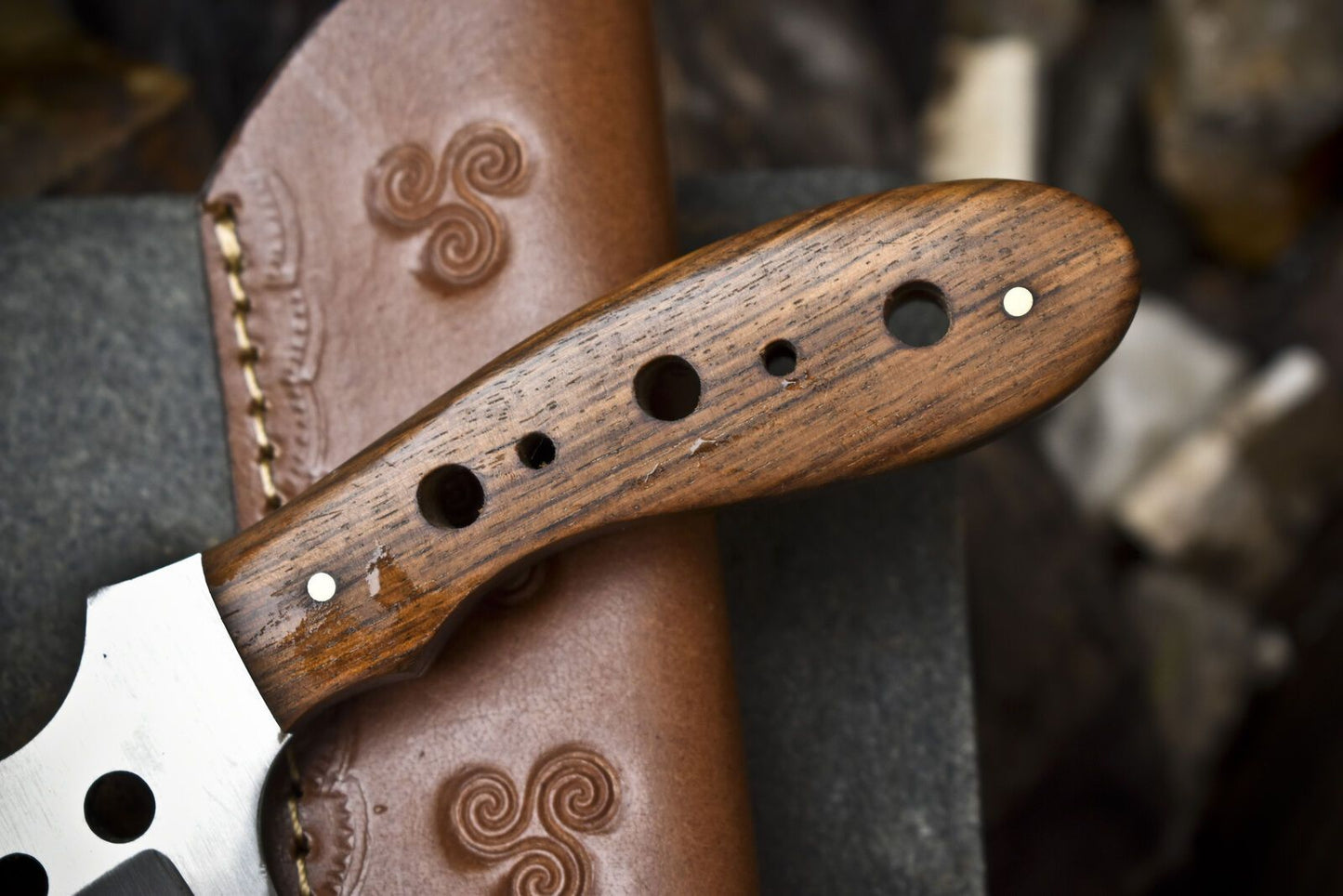 8" Skinner Knife AUS-8 Steel Walnut Wood Handle with Leather Sheath Hunting Veterans Gift