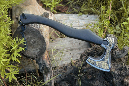 Handmade Viking Bearded Axe – Forged Carbon Steel Tomahawk Camping Hatchet with Wooden Handle and Leather Sheath