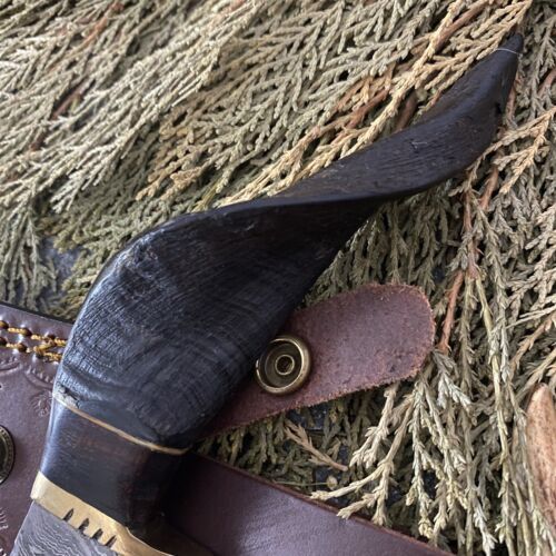 8" Damascus Steel Bowie Knife with Ram Horn Handle – EDC Fixed Blade