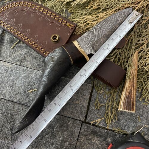8" Damascus Steel Bowie Knife with Ram Horn Handle – EDC Fixed Blade