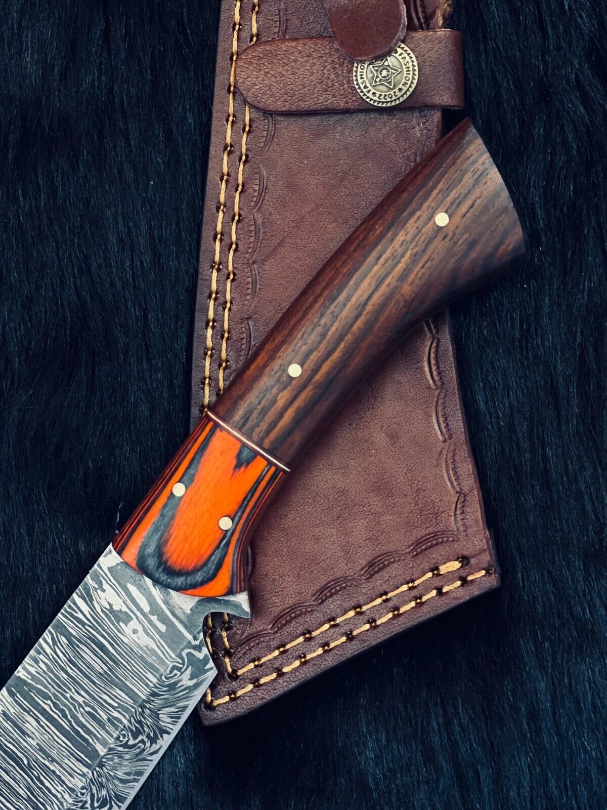 Heritage Forge 12 Inch Twist Damascus Steel Hunting Knife with Camel Bone and Wood Handle