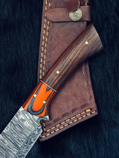 Heritage Forge 12 Inch Twist Damascus Steel Hunting Knife with Camel Bone and Wood Handle