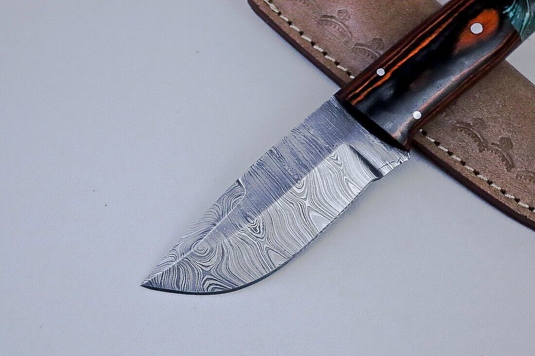 Handmade Damascus Skinner Knife with Paka Wood Handle and Premium Leather Sheath