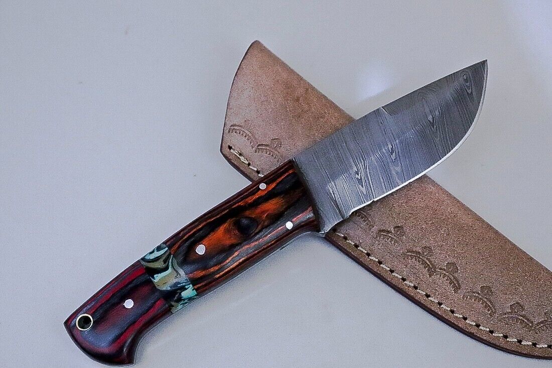 Handmade Damascus Skinner Knife with Paka Wood Handle and Premium Leather Sheath