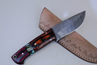 Handmade Damascus Skinner Knife with Paka Wood Handle and Premium Leather Sheath