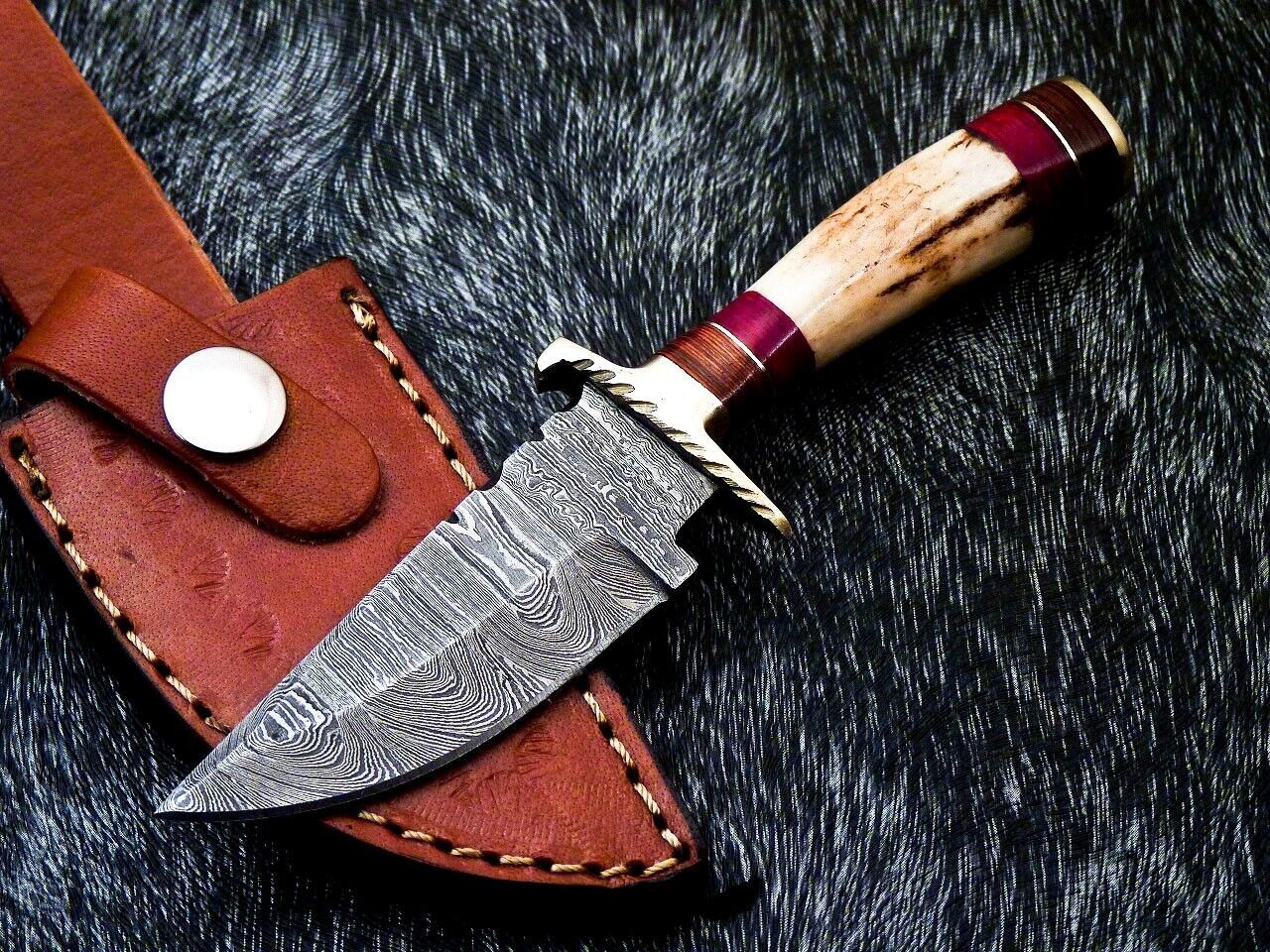 6" Hand-Forged Damascus Steel Bowie Hunting Knife – Stag Horn Handle & Leather Sheath
