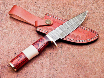 Damascus Steel Bowie Hunting Knife with Camel Bone and Hardwood Handle
