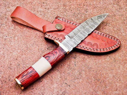 Damascus Steel Bowie Hunting Knife with Camel Bone and Hardwood Handle