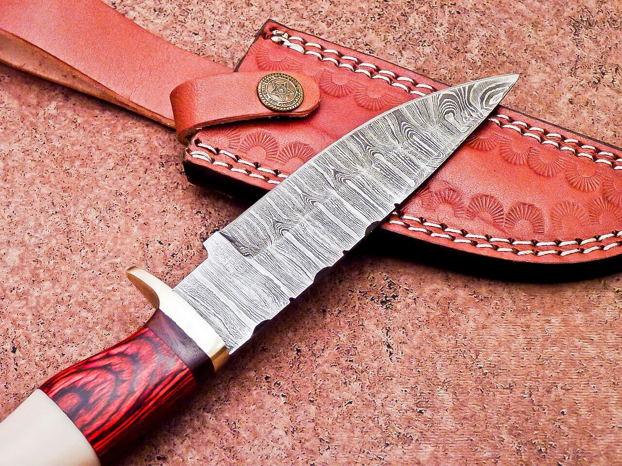 Damascus Steel Bowie Hunting Knife with Camel Bone and Hardwood Handle