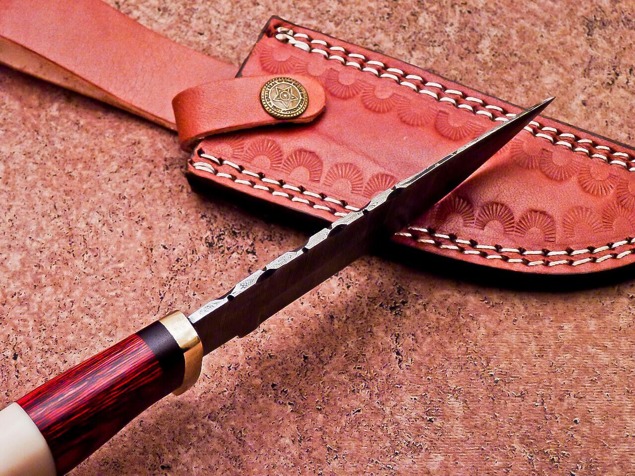 Damascus Steel Bowie Hunting Knife with Camel Bone and Hardwood Handle
