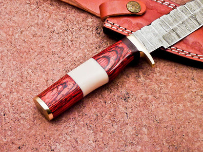 Damascus Steel Bowie Hunting Knife with Camel Bone and Hardwood Handle