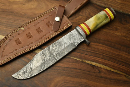 12.5" Damascus Steel Bowie Knife – Camel Bone Handle & Leather Sheath