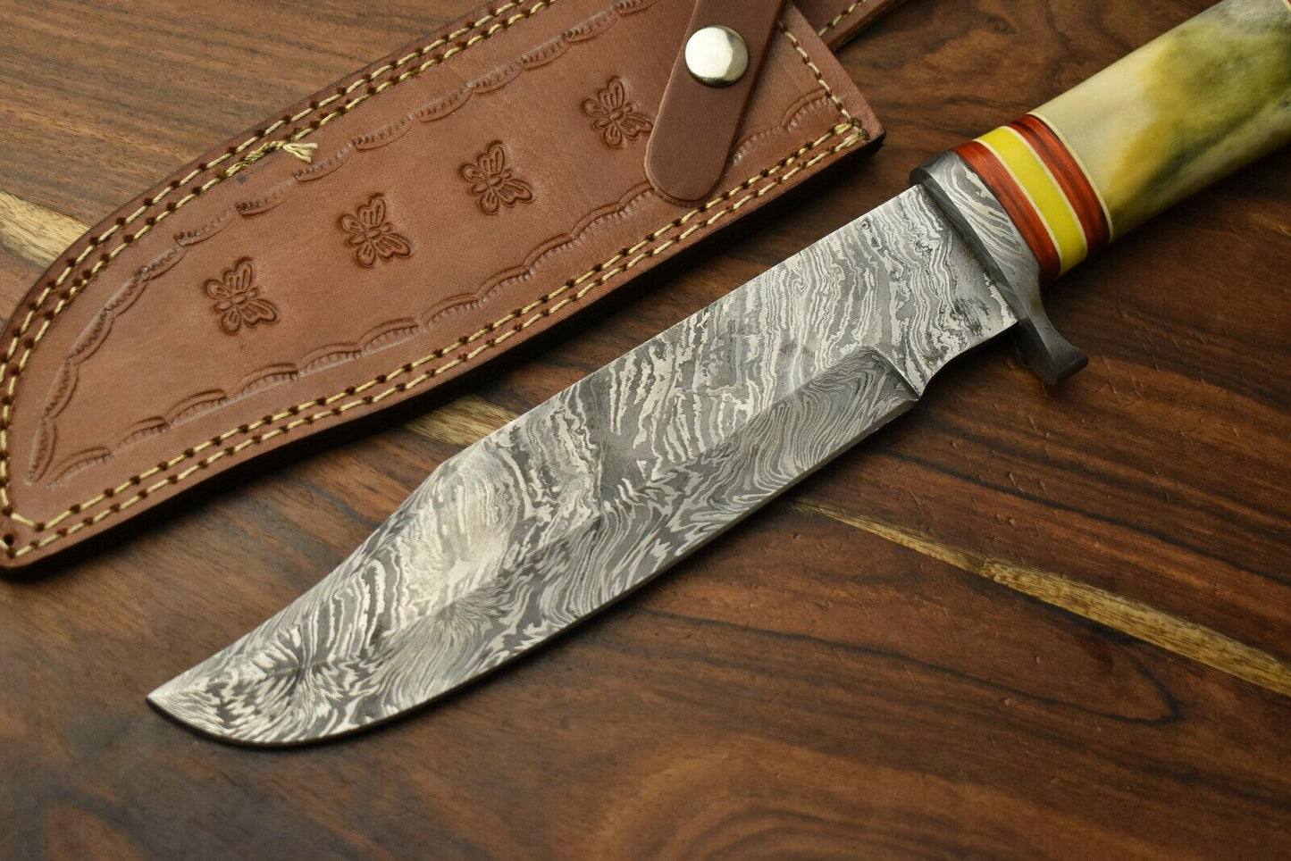 12.5" Damascus Steel Bowie Knife – Camel Bone Handle & Leather Sheath