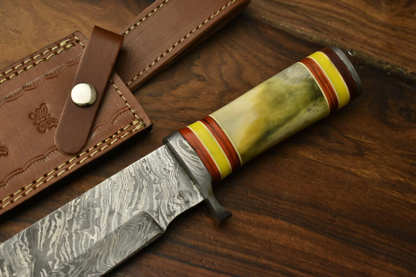 12.5" Damascus Steel Bowie Knife – Camel Bone Handle & Leather Sheath
