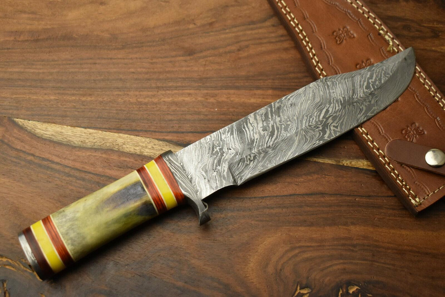 12.5" Damascus Steel Bowie Knife – Camel Bone Handle & Leather Sheath