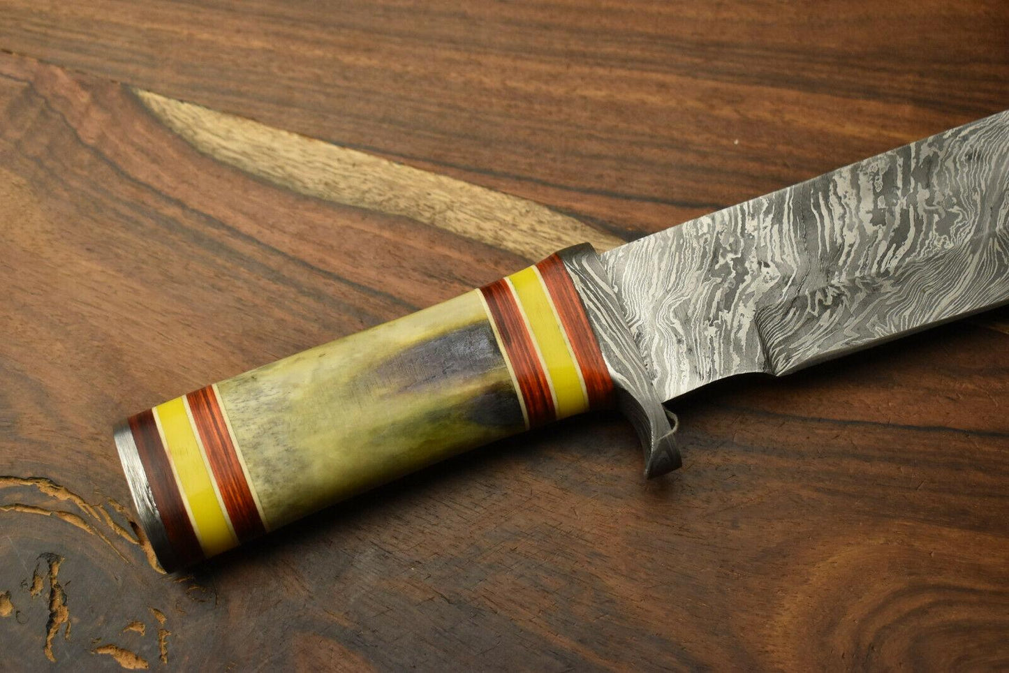 12.5" Damascus Steel Bowie Knife – Camel Bone Handle & Leather Sheath