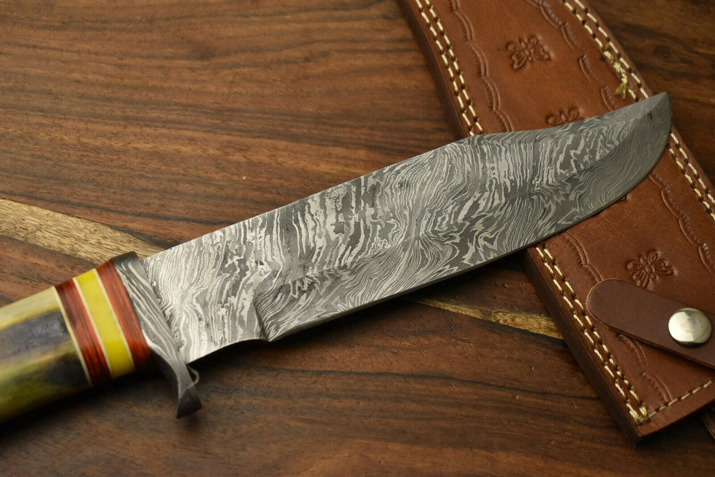 12.5" Damascus Steel Bowie Knife – Camel Bone Handle & Leather Sheath
