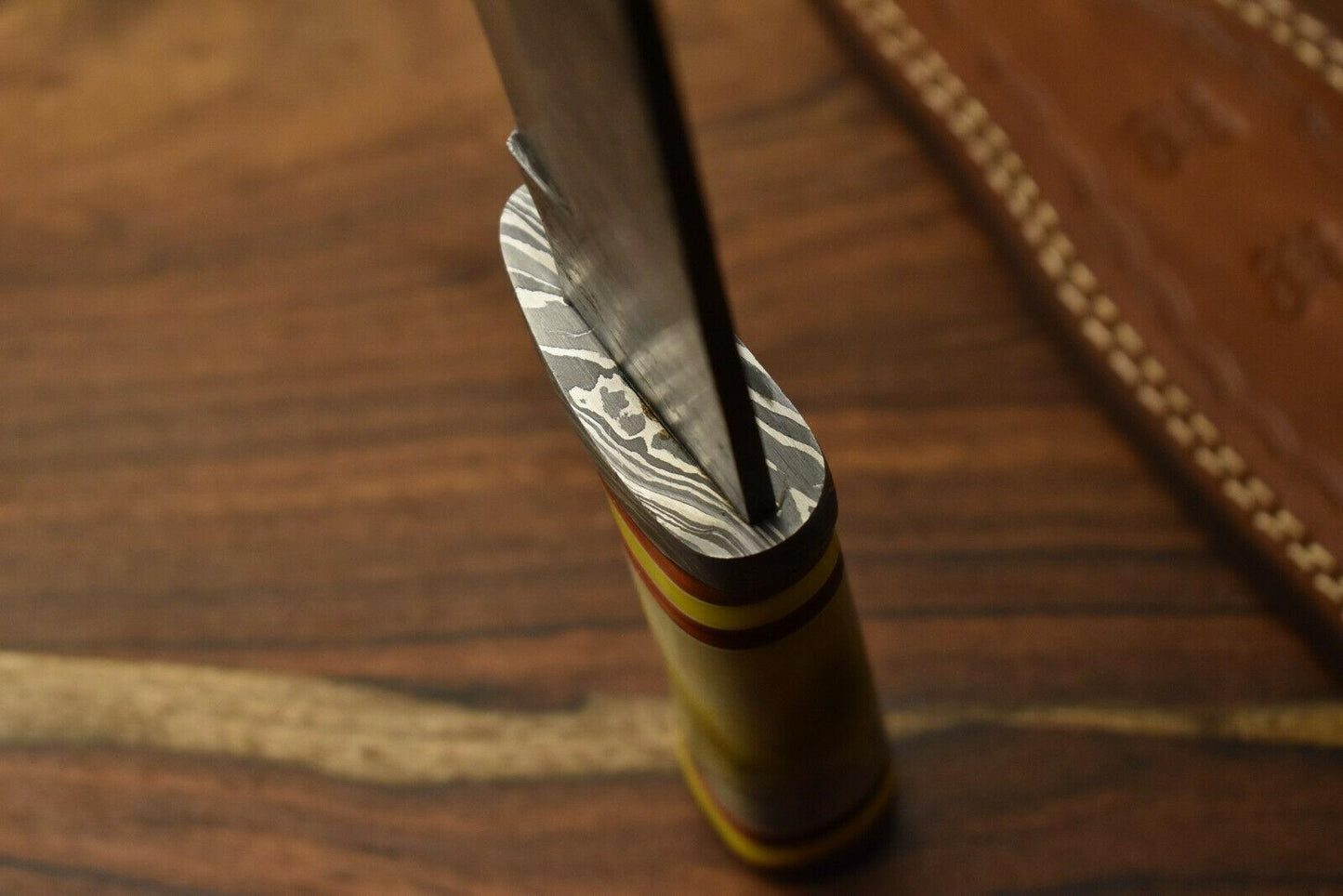 12.5" Damascus Steel Bowie Knife – Camel Bone Handle & Leather Sheath