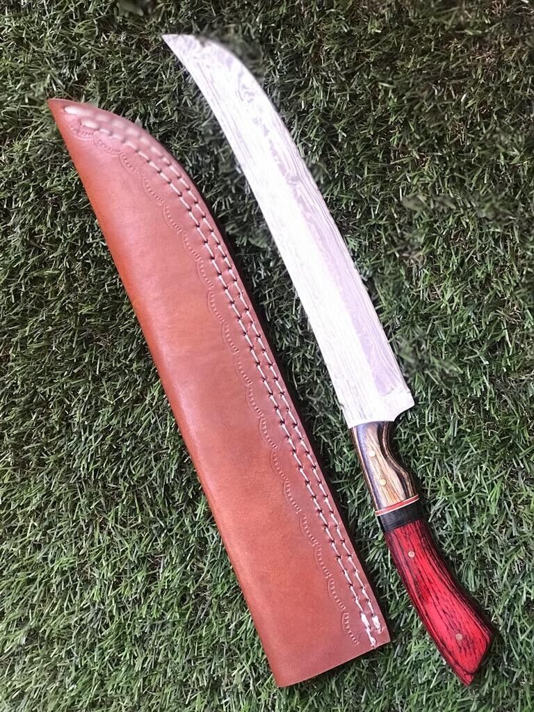 13" Hand forged Damascus Steel Fillet Knife & Custom Fillet Knife With Leather Sheath