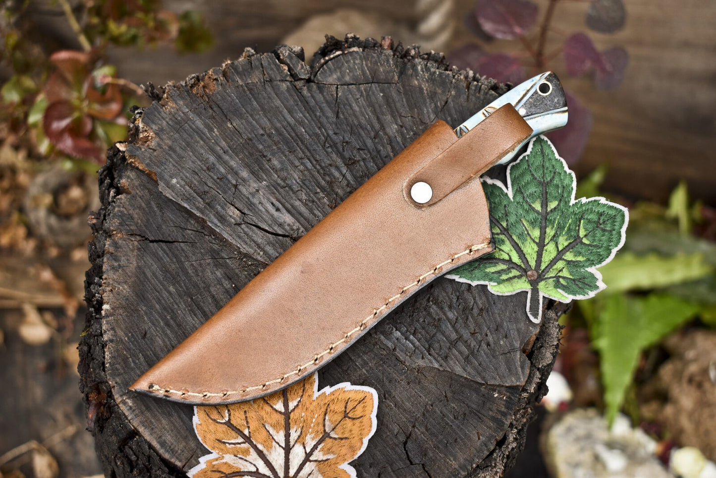 Twist Damascus Skinner Knife with Bone Handle and Micarta Bolster for Hunting