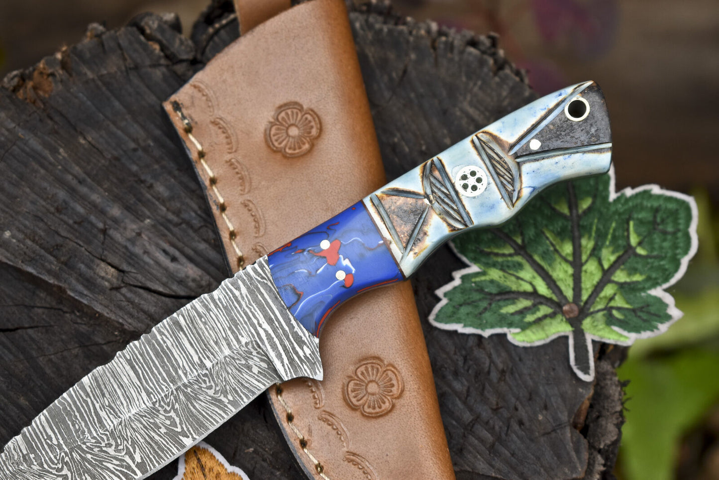 Twist Damascus Skinner Knife with Bone Handle and Micarta Bolster for Hunting