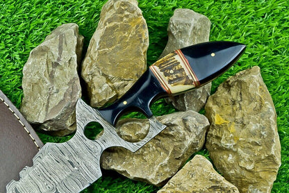 Heritage Forge 13 Inch Handmade Damascus Steel Bowie Knife with Stag and Buffalo Horn Handle