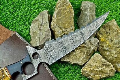 Heritage Forge 13 Inch Handmade Damascus Steel Bowie Knife with Stag and Buffalo Horn Handle