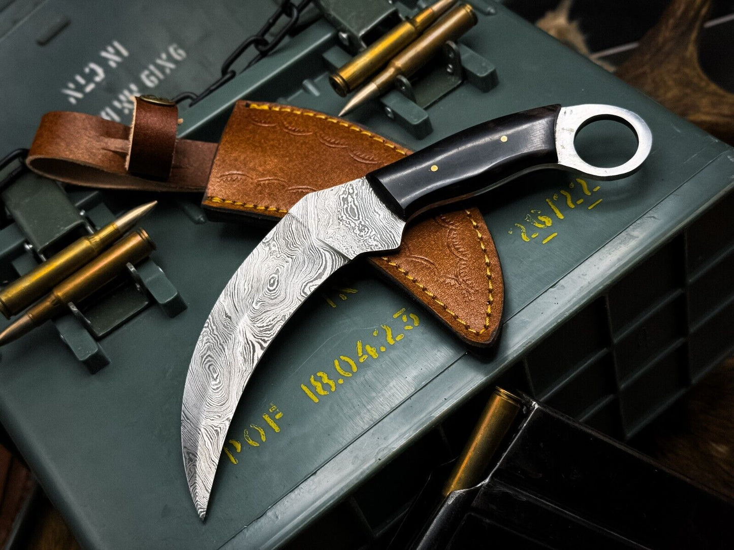 8" Handmade Damascus Karambit Knife with Bull Horn Handle Best Karambit Knife