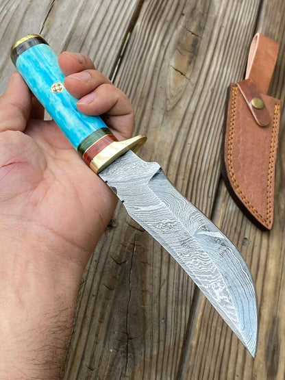 Handmade Damascus Steel Bowie Knife – Camel Bone Handle (10")