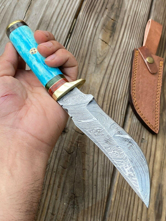Handmade Damascus Steel Bowie Knife – Camel Bone Handle (10")