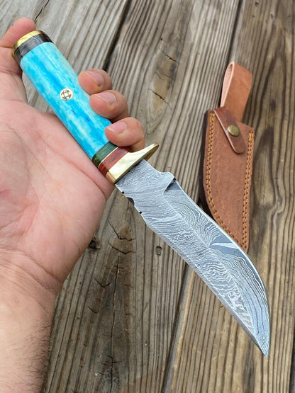 Handmade Damascus Steel Bowie Knife – Camel Bone Handle (10")