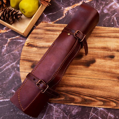 Custom Handmade Damascus Steel Full Tang Chef Knife Set with Leather Sheath