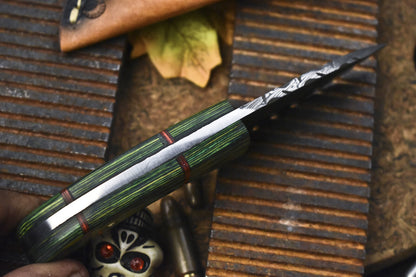 Custom Skinner Knife Twist Damascus Hard Wood Wooden Bolster Tactical Knife with Leather Sheath