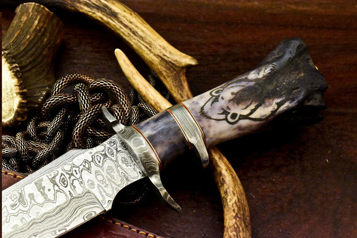 15.5" Handmade Damascus Bowie Knife – Camel Bone Sub-Hilt Handle & Leather Sheath