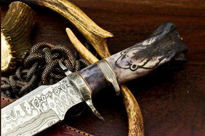 15.5" Handmade Damascus Bowie Knife – Camel Bone Sub-Hilt Handle & Leather Sheath